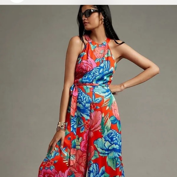 New Farm Rio x Anthropologie Printed Halter Jumpsuit size L Belt Is Missing